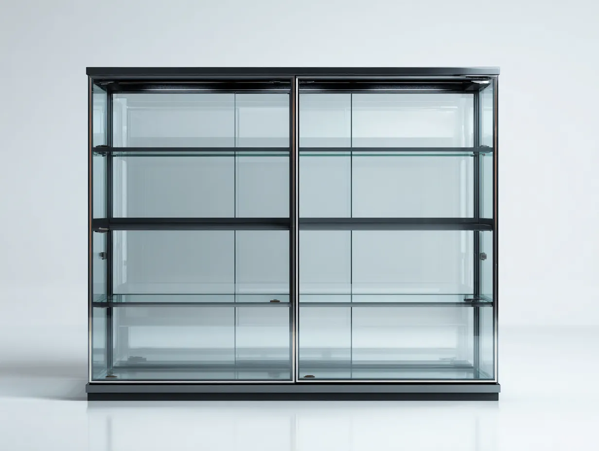 Vitrina con estructura metálica y paneles de vidrio 180x45x150 cm - negro-transparente - diseño moderno y exhibición minimalista-Nookmyhaus