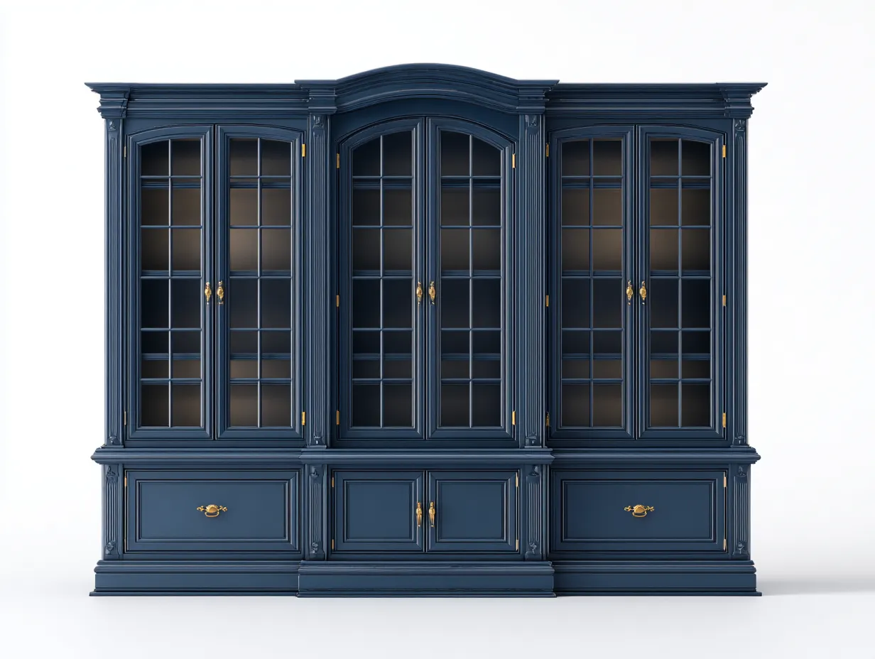 Vitrina de madera con puertas de cristal y cajones 240x45x220 cm - azul marino - diseño clásico de almacenaje elegante-Nookmyhaus