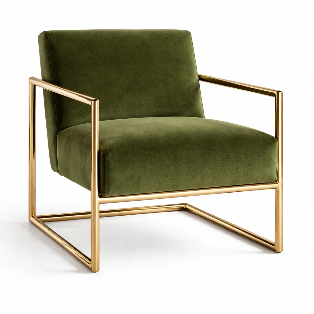 Poltrona in velluto verde con struttura in metallo dorato-cozyvibezzz