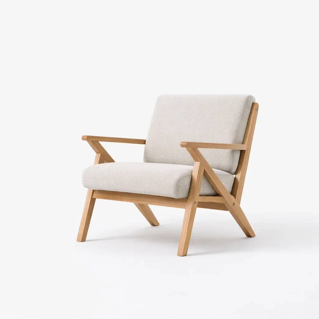 Poltrona in legno di rovere con rivestimento in poliestere beige-cozyvibezzz