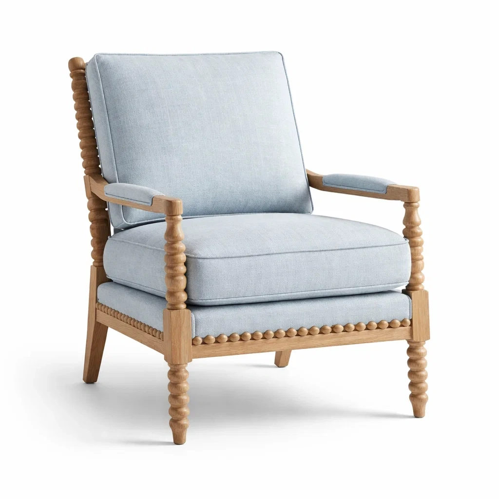 Poltrona in legno massello con rivestimento in tessuto azzurro-cozyvibezzz