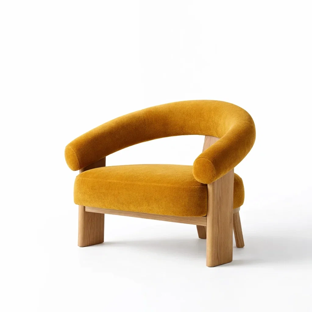 Poltrona in velluto giallo con struttura in legno-cozyvibezzz