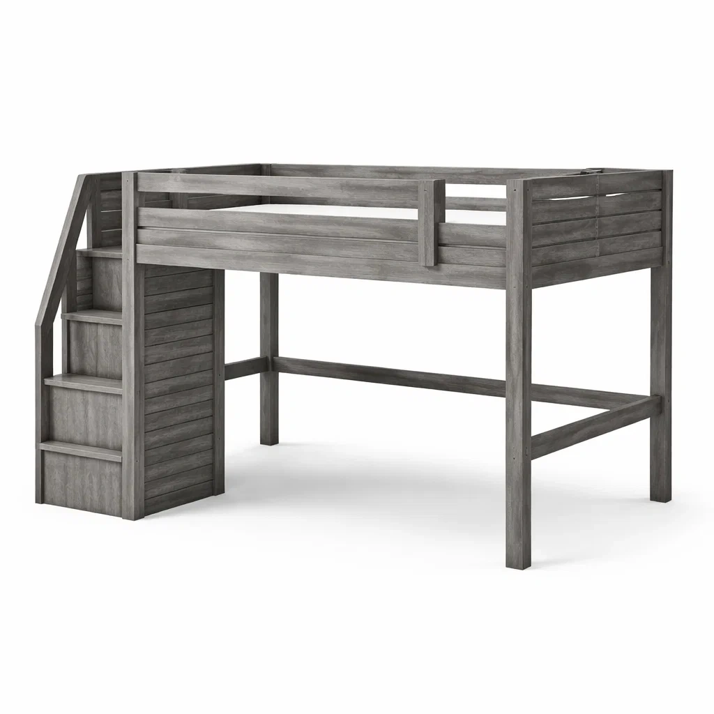 Letto a soppalco in legno massello grigio con scala-cozyvibezzz