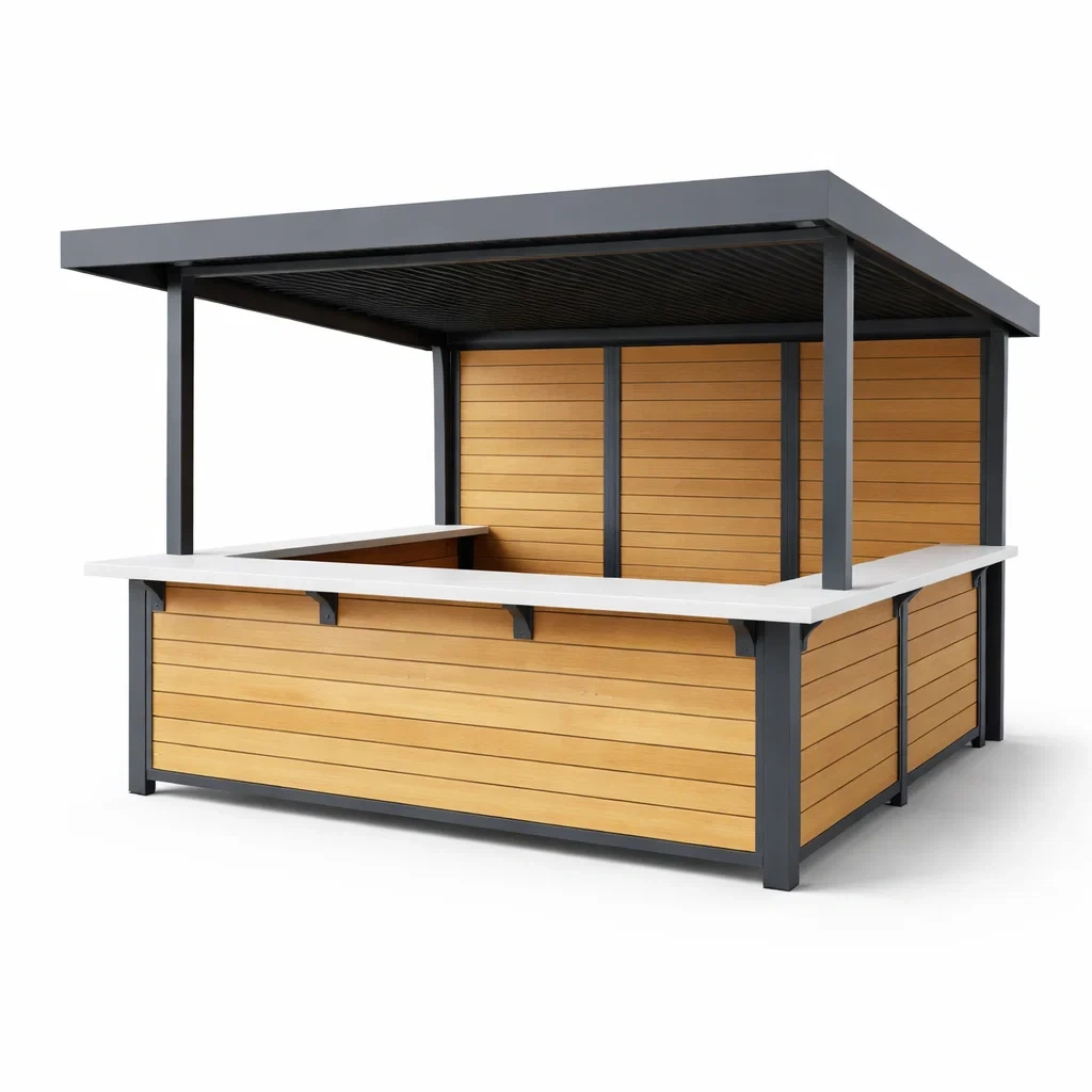 Padiglione bar da esterno in legno di teak e acciaio grigio-cozyvibezzz