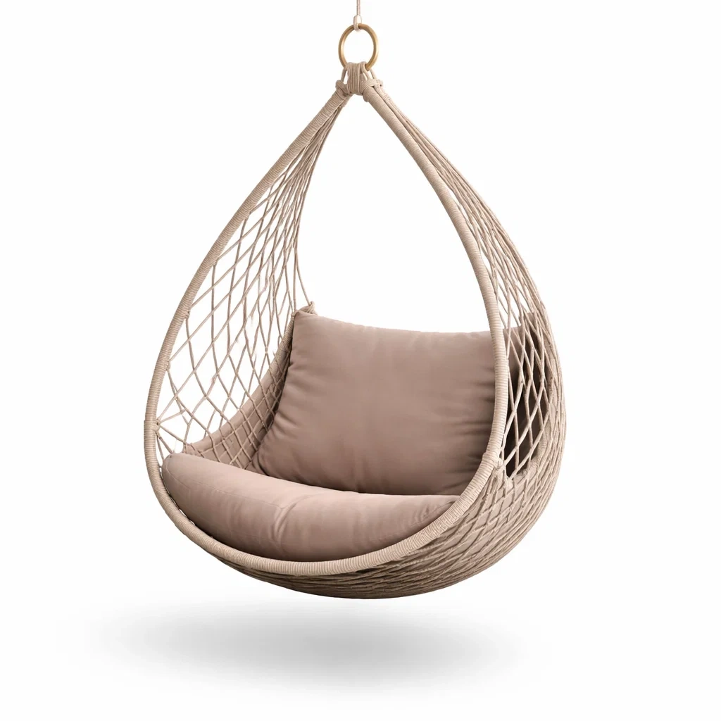 Poltrona sospesa in rattan e poliestere colore beige-cozyvibezzz