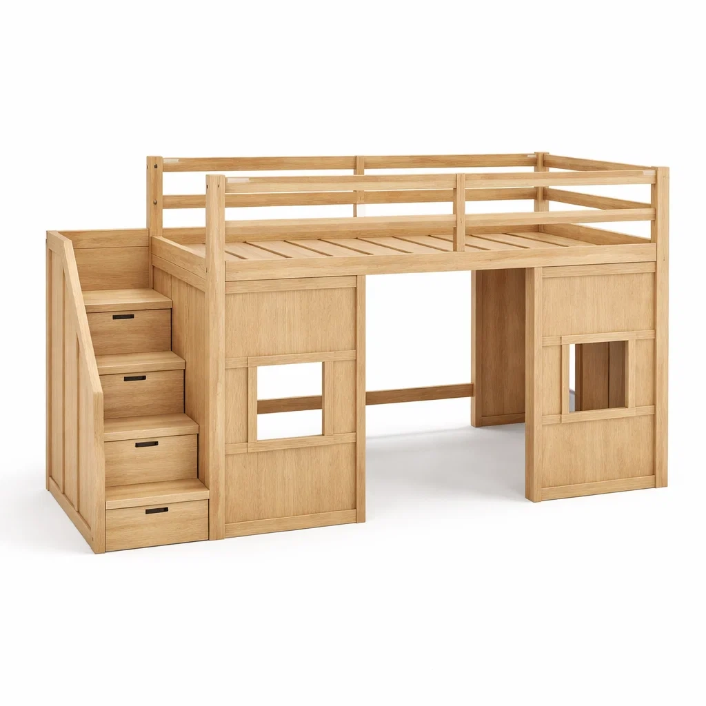 Letto a soppalco per bambini in legno con scala e finestre-cozyvibezzz