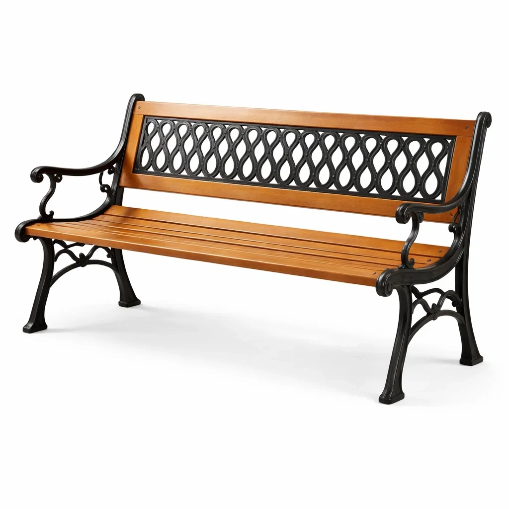 Panchina in legno e ghisa con schienale decorativo-cozyvibezzz