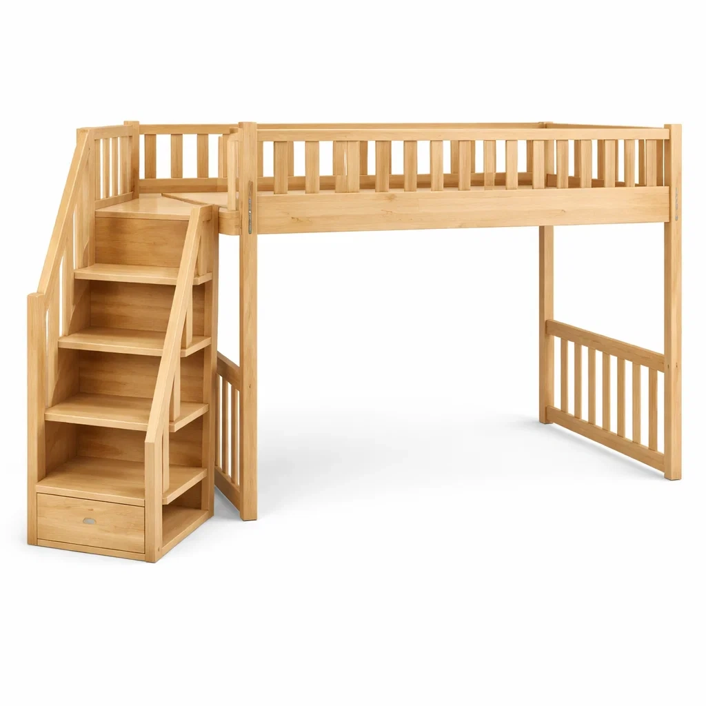 Letto a soppalco in legno di pino con scale e cassetti-cozyvibezzz