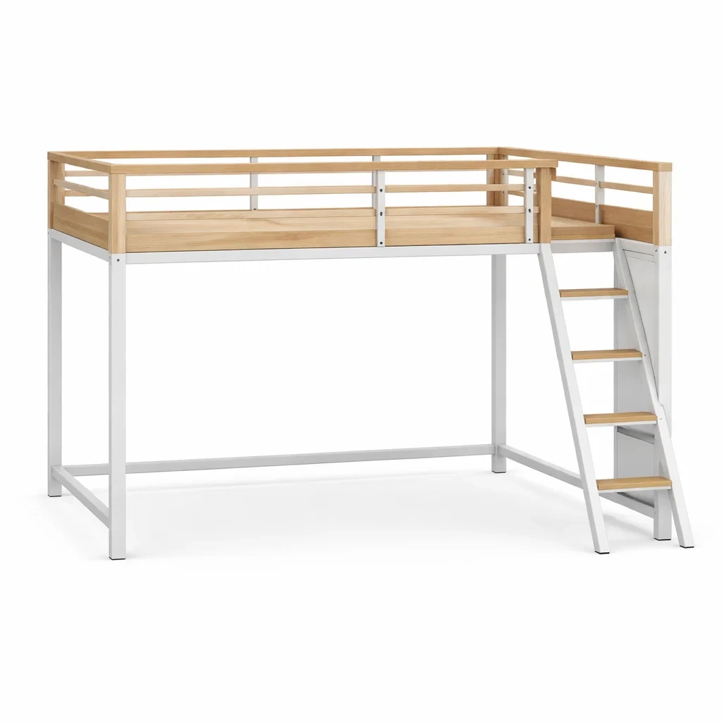 Letto a soppalco in acciaio e legno con scala 200x100x150 cm-cozyvibezzz