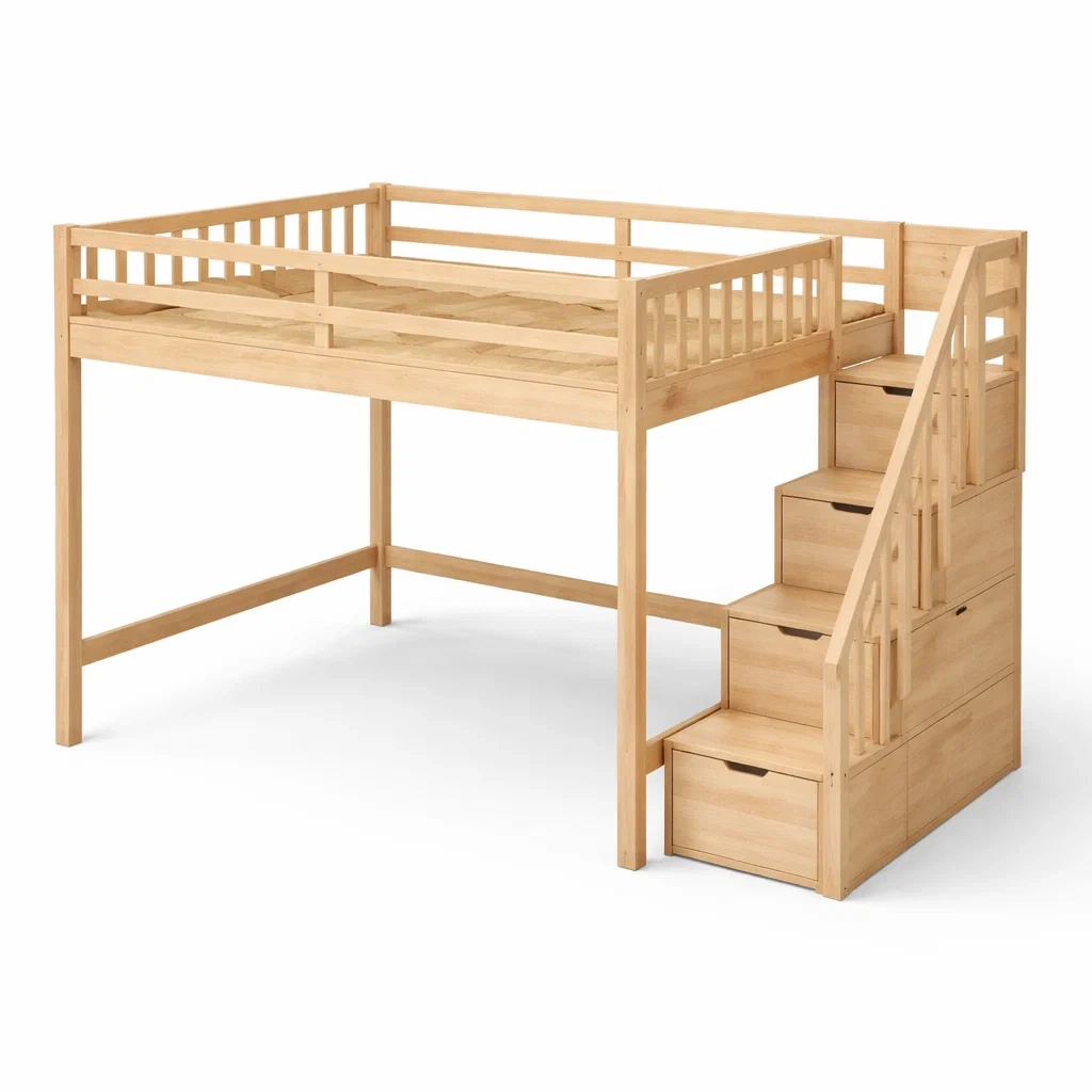 Letto a soppalco singolo in legno con scala e cassetti-cozyvibezzz