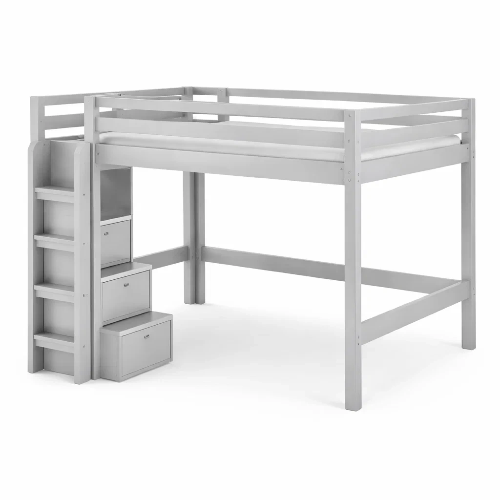 Letto a soppalco in legno grigio con scala e cassetti 200x100x150 cm-cozyvibezzz
