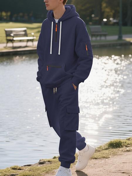 Men's Winter Heavyweight Fleece Lined Casual Set, Loose Fit Sporty Multi-Pocket Workwear Suit, Warm & Comfortable Outerwear