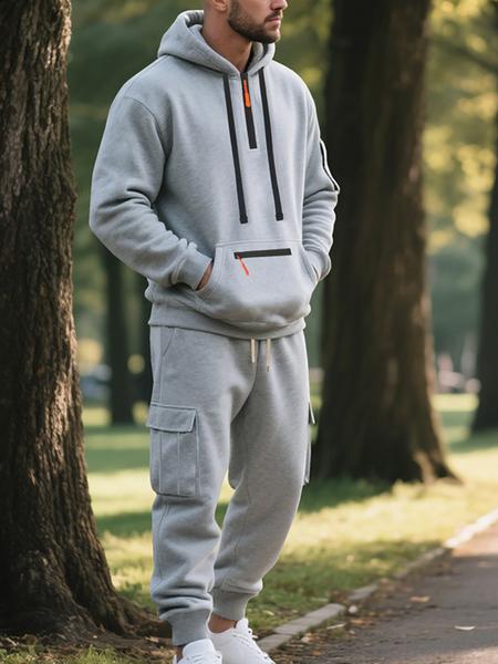 Men's Winter Heavyweight Fleece Lined Casual Set, Loose Fit Sporty Multi-Pocket Workwear Suit, Warm & Comfortable Outerwear