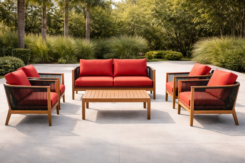 Set da Giardino in Legno e Tessuto Rosso