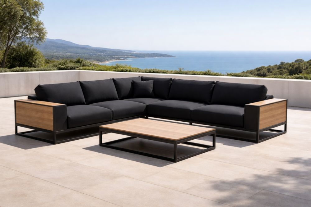 Divano angolare esterno in metallo e legno con cuscini neri