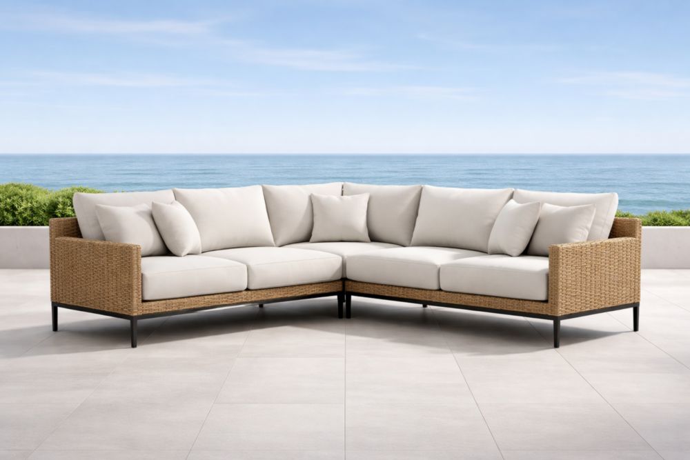 Divano angolare da esterno in rattan e tessuto crema 300x250x75 cm