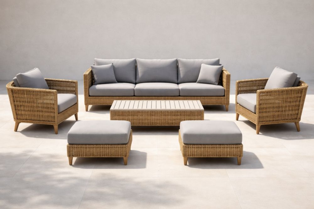 Set Divano Esterno in Rattan Sintetico con Cuscini Grigi, Tavolino e Poggiapiedi