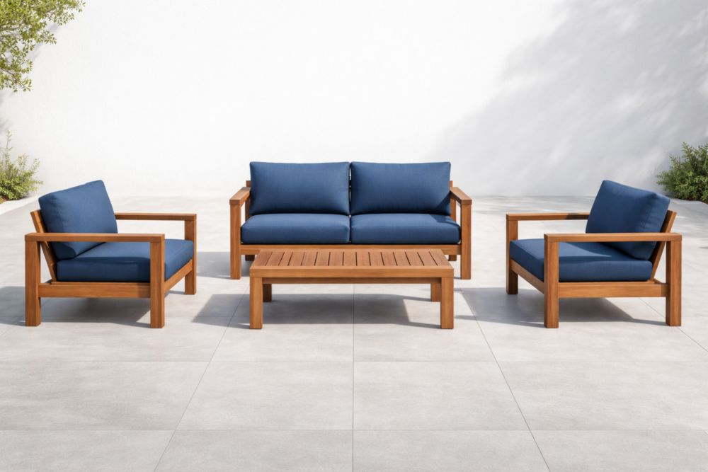 Set di mobili da giardino in legno di teak con cuscini in poliestere blu, divano, due poltrone e tavolino rettangolare