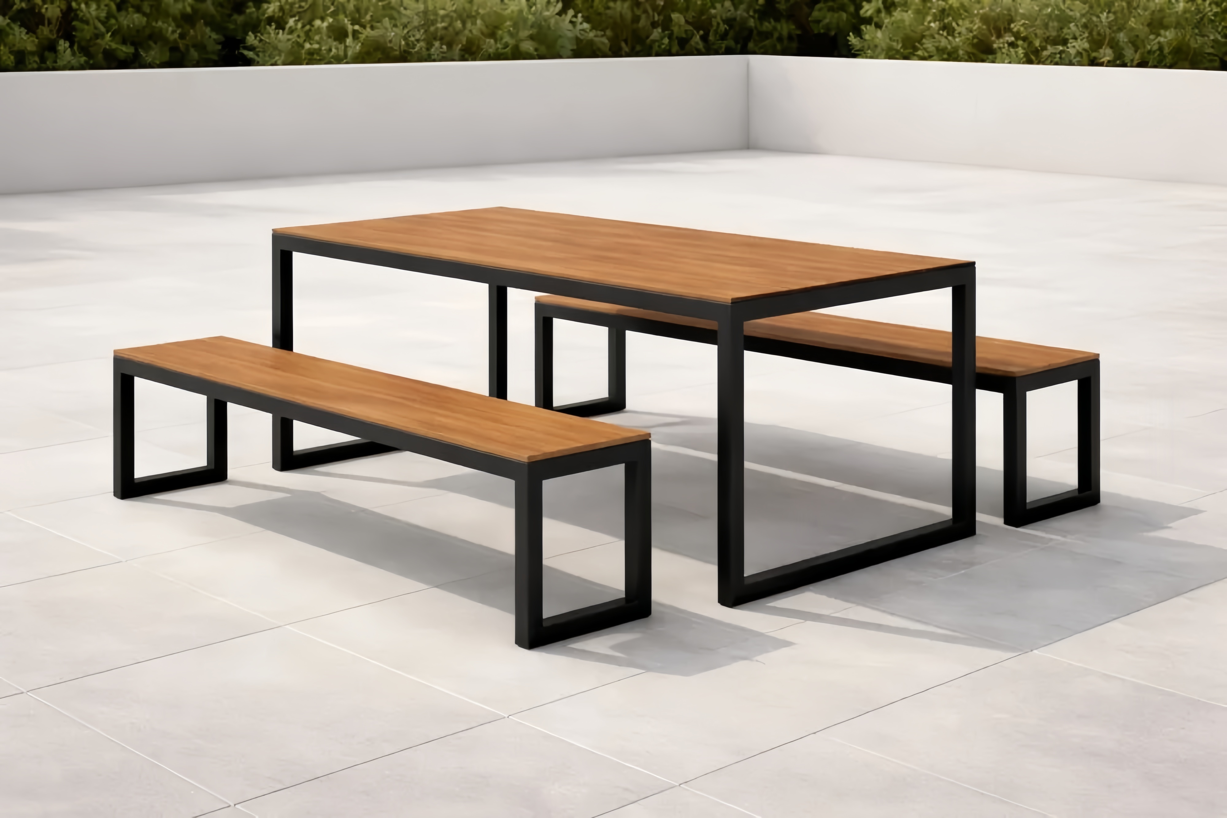 Set Tavolo e Panche da Esterno in Legno di Teak e Acciaio Nero 180x90x75 cm