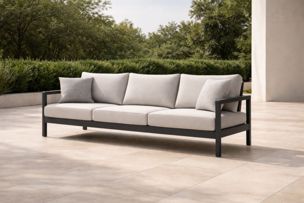 Divano da Esterno Tre Posti in Alluminio e Tessuto Grigio