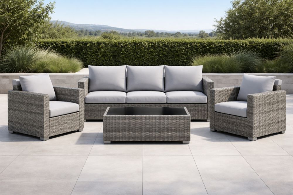 Set Salotto da Esterno in Rattan Sintetico Grigio con Cuscini in Poliestere