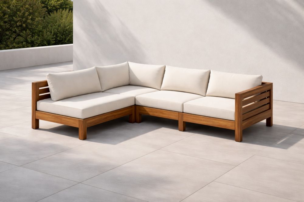 Divano angolare modulare in legno teak con cuscini beige