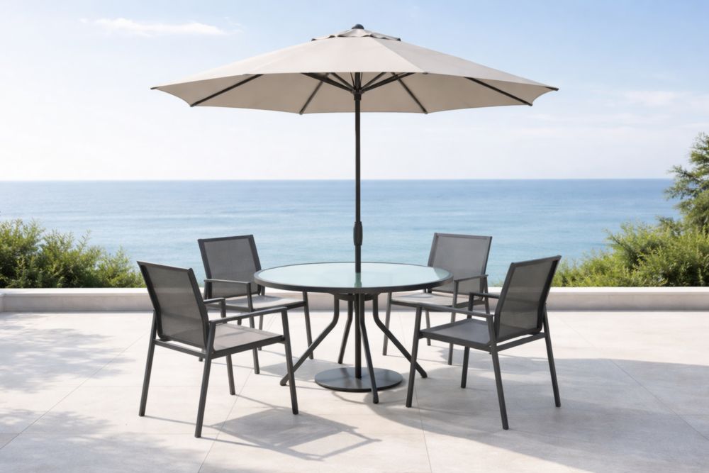 Set da Esterno Tavolo Rotondo in Vetro con Ombrellone e 4 Sedie in Alluminio