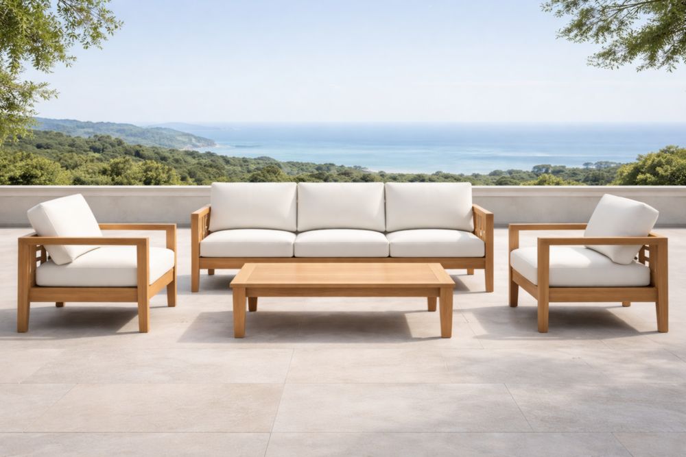 Set salotto esterno in legno teak cuscini bianchi