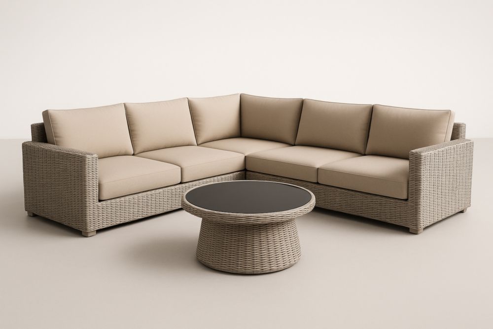 Divano Angolare in Rattan Sintetico con Tavolino Vetro Nero Temperato Beige