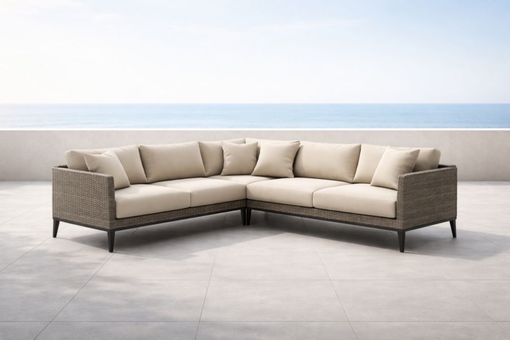 Divano angolare in rattan PE, cuscini in poliestere, col. Beige