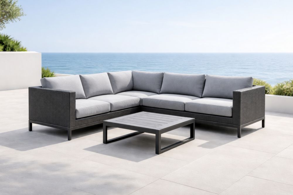 Divano Angolare in Rattan Sintetico Grigio con Tavolino