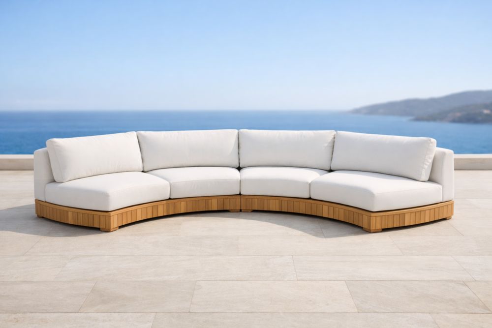 Divano ad angolo curvo per esterni in legno teak e tessuto bianco