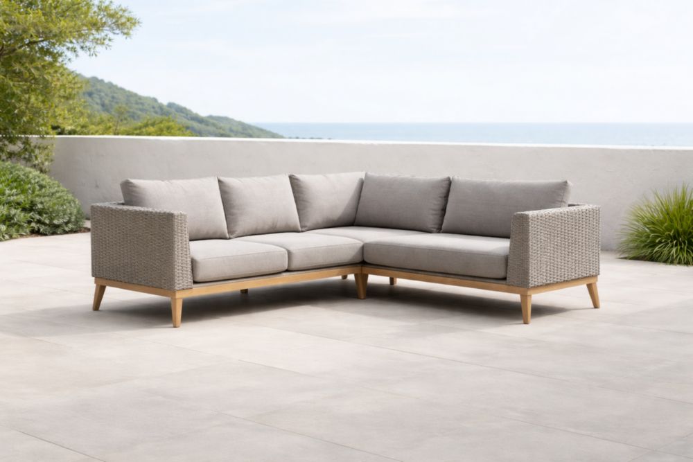 Divano Angolare da Esterno in Legno e Rattan Sintetico Grigio