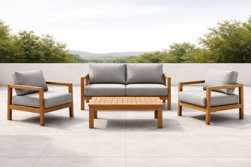 Set da giardino in legno e cuscini grigi 4 pezzi