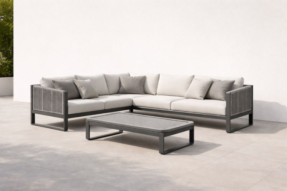 Set Divano Angolare da Giardino in Alluminio con Cuscini e Tavolo Rettangolare