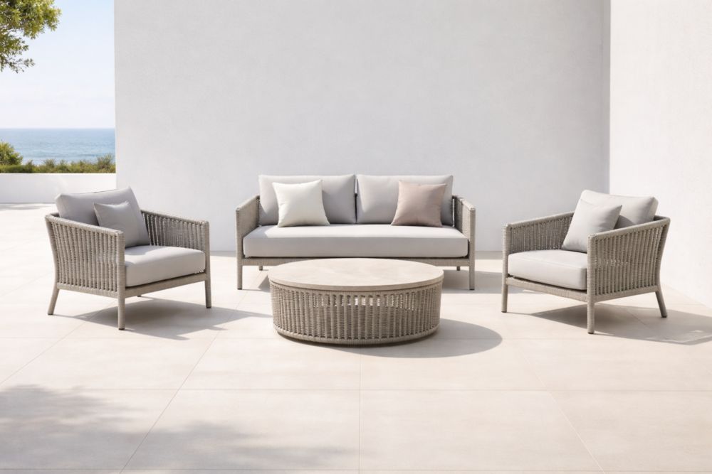 Set salotto giardino in rattan sintetico grigio con divano, due poltrone e tavolino rotondo