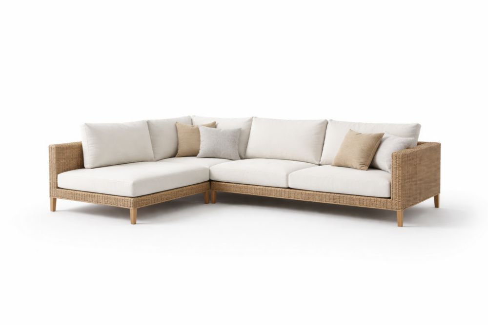Divano angolare in rattan con cuscini in poliestere Beige