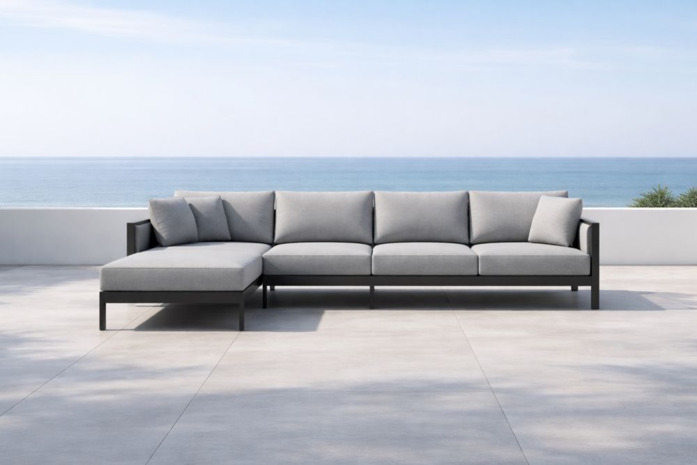 Divano angolare modulare tessuto grigio con struttura in alluminio