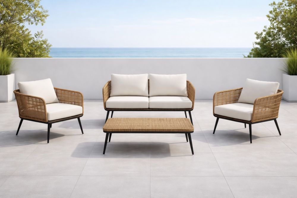 Set salotto da esterno in rattan con cuscini bianchi