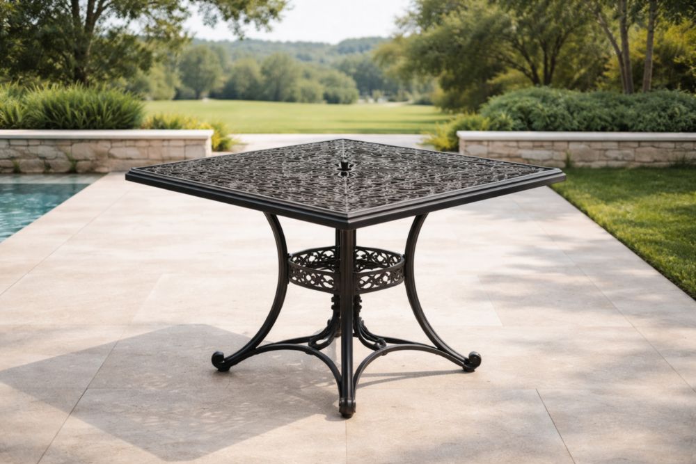 Tavolo da Giardino Quadrato in Alluminio Nero con Design Intagliato