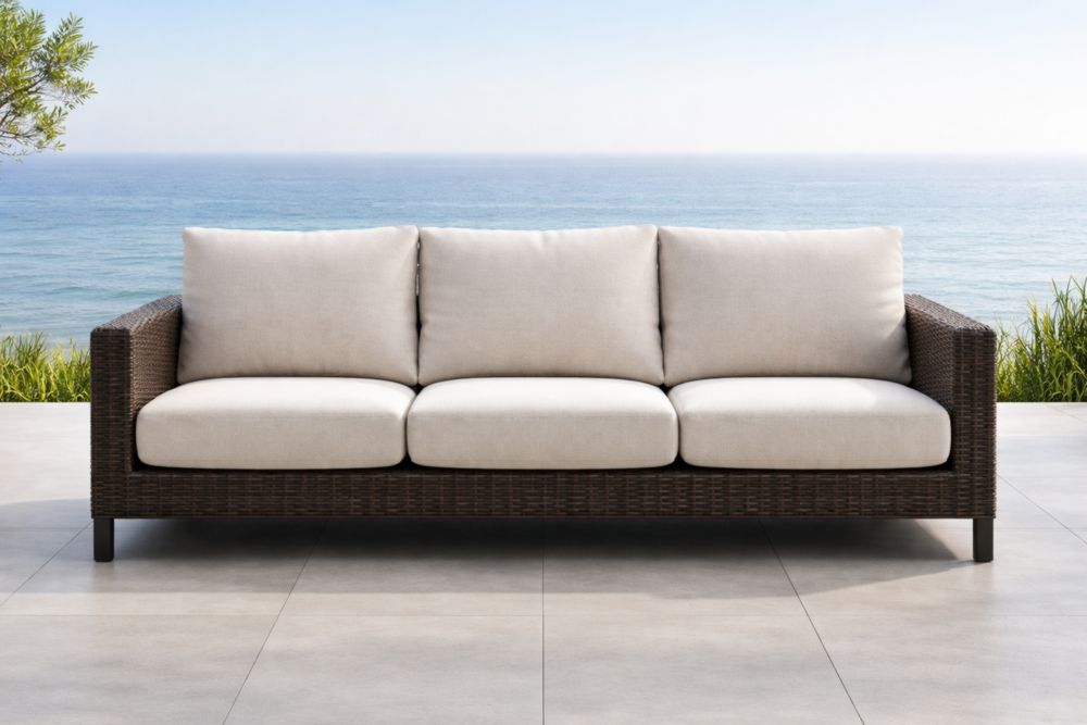 Divano da esterno a 3 posti rattan sintetico marrone cuscini crema