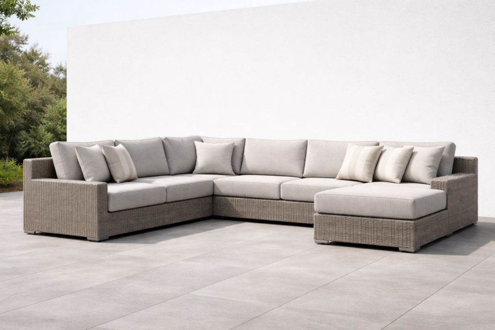 Divano angolare in rattan sintetico grigio con cuscini in poliestere