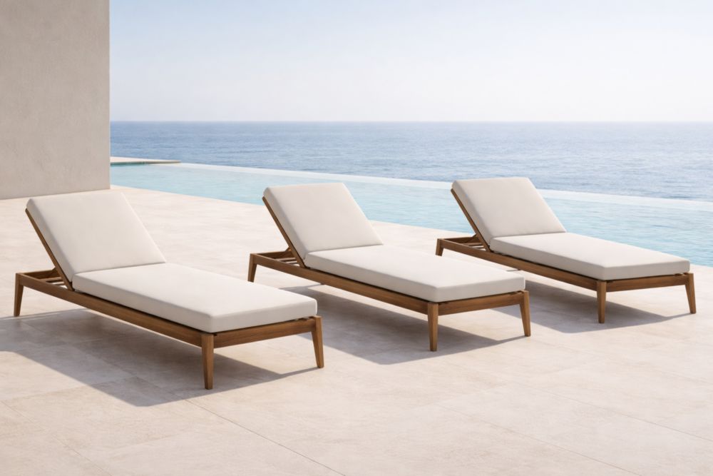 Set 3 Lettini Prendisole in Legno Teak con Cuscini Bianchi Reclinabili 200x65x40 cm