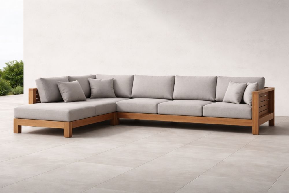 Divano angolare in legno e tessuto grigio 300x200x75 cm