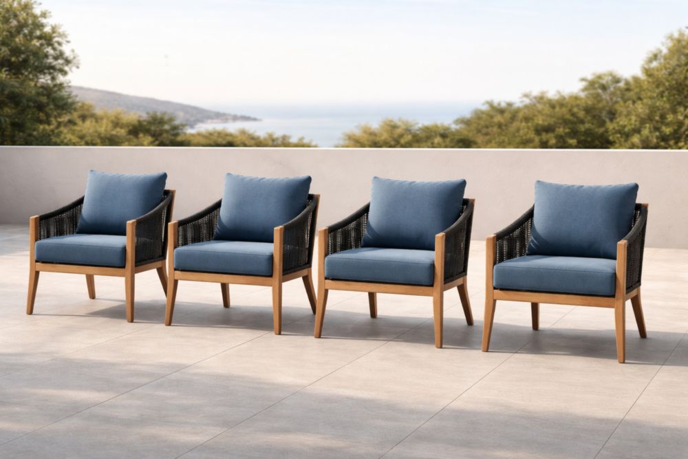 Set di 4 Poltrone da Giardino in Legno e Tessuto Blu