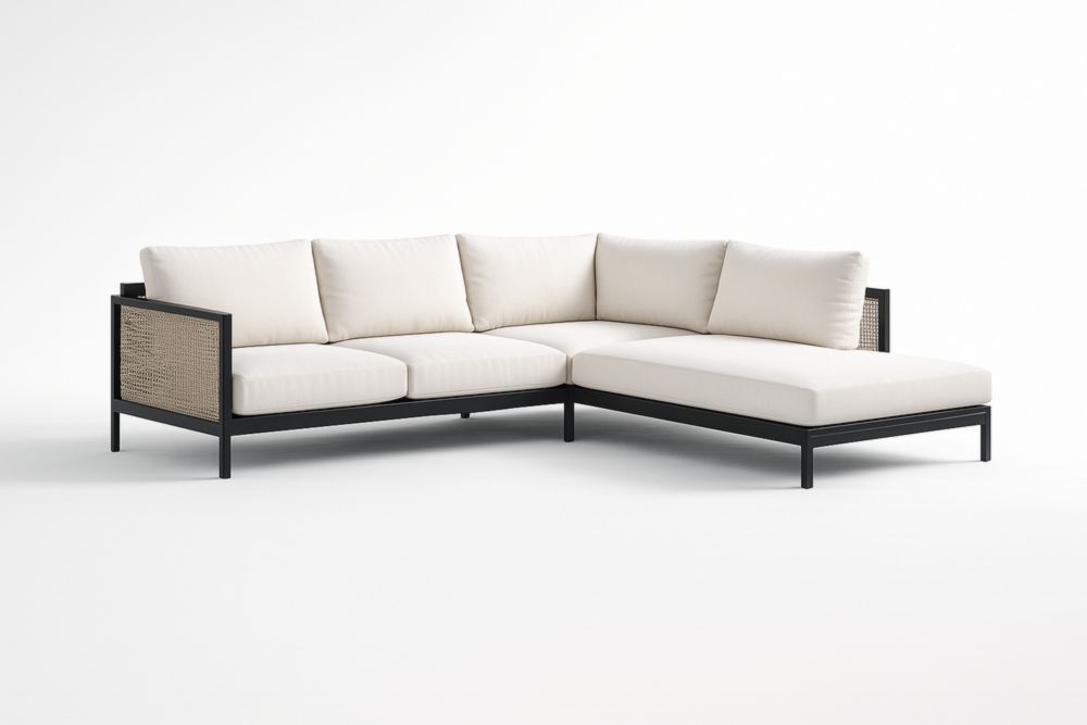 Divano angolare modulare in metallo e rattan con tessuto crema, 300x200x75 cm