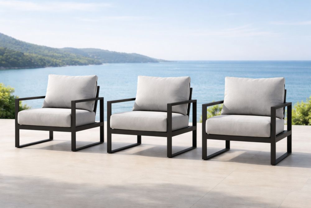 Set di 3 Poltrone da Esterno in Metallo e Tessuto Grigio