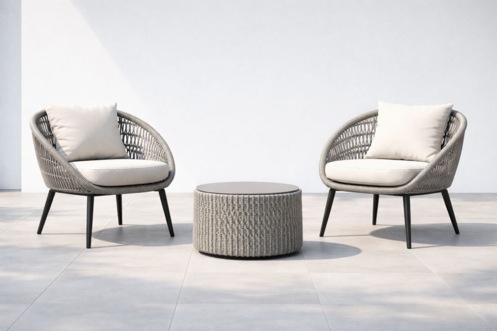 Set in Rattan Grigio con 2 Poltrone e Tavolino Rotondo