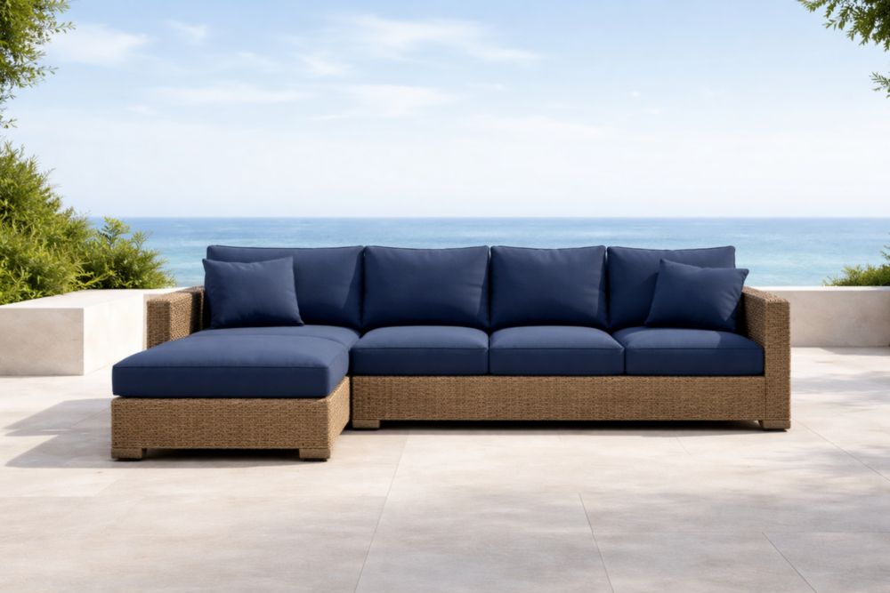 Divano angolare in rattan con cuscini blu