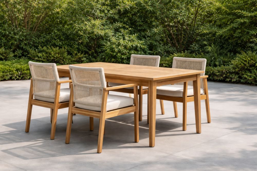 Set Tavolo da Giardino in Legno Teak e Sedie in Rattan con Cuscini Bianchi